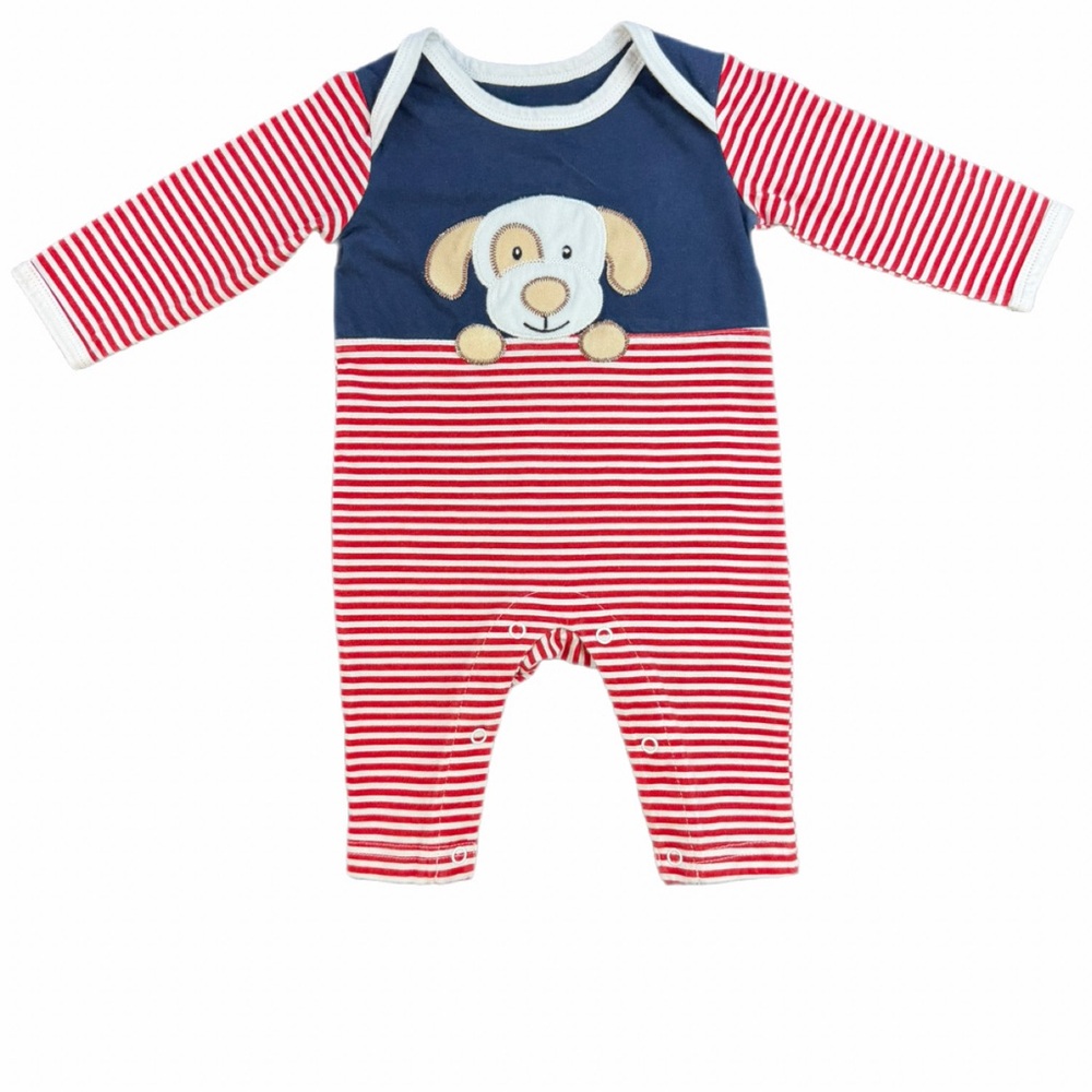 MAISON CHIC Baby Stripe Long Sleeve Dog One Piece Romper- 0-3 Months